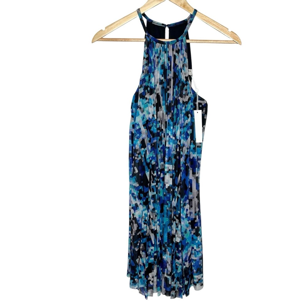 Trina Turk Geometric Mesh Halter Dress Blue Womens Small Pleated Cocktail